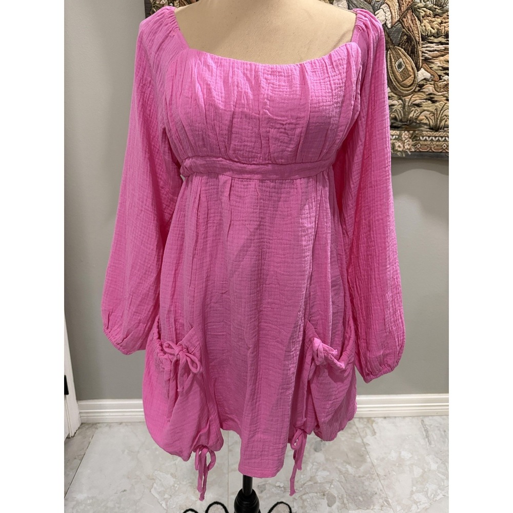 Dress Womens Medium Pink Square Neck‎ Long Sleeve Backless Boho Swing Sundress